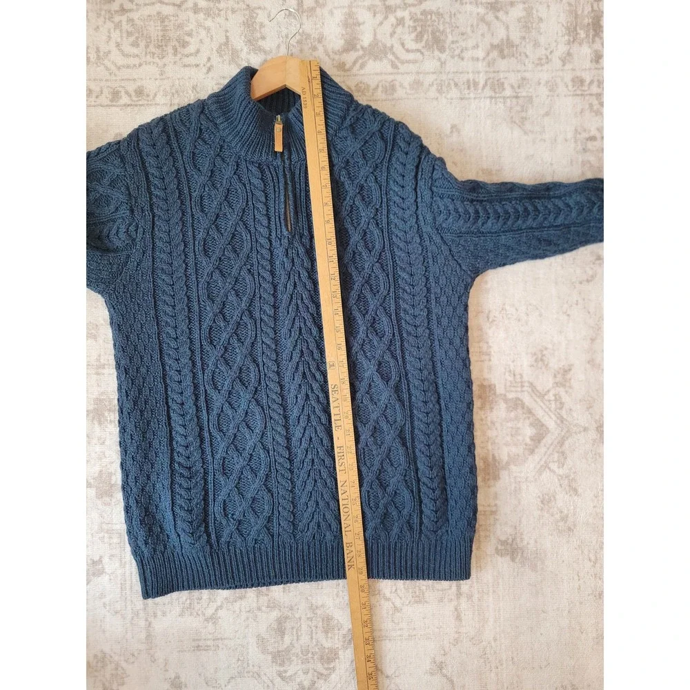 Aran Crafts Ireland Merino Wool Cable Knit Quarter Zip Sweater Blue Size M